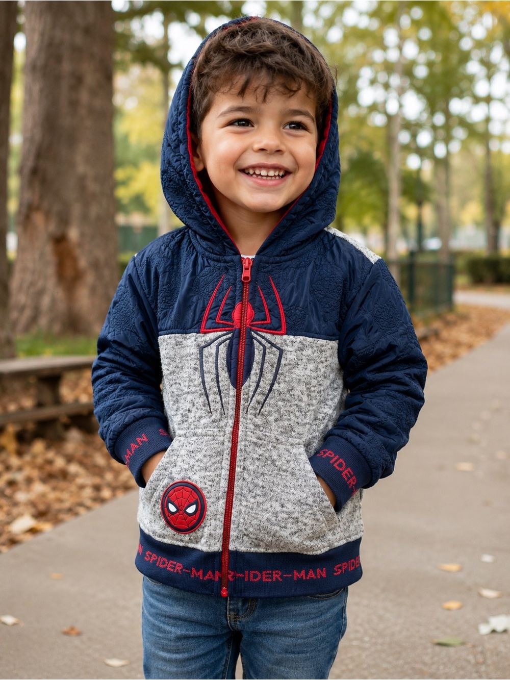 Marvel Spider-Man Hooded Fleece Lined Jacket Boys Size 5 Gray Blue Red